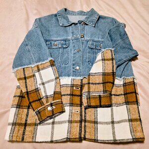 Denim with brown plaid block shacket. Mid-weight, super comfortable. Size small.